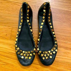 Tory Burch Black Leather Studded Ballet Flats with Gold Hardware